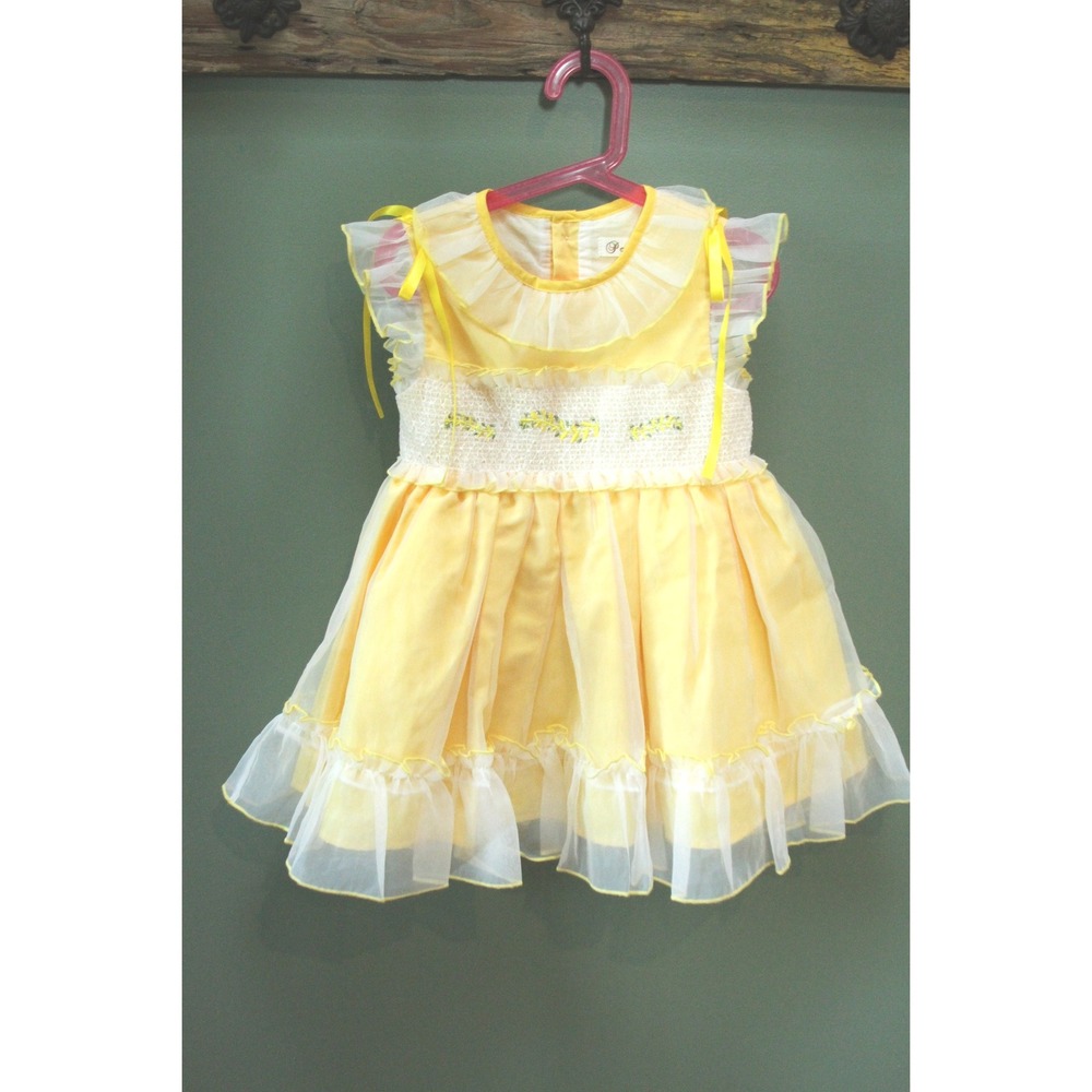 Pettigirl Yellow Party Dress Girls Size 5‎ Smocked Embroidered Ruffle Ribbon